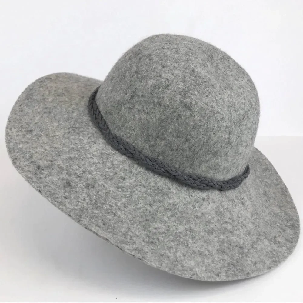 Lucky Brand Women's Felted Wool Roped Band Gray Floppy Boho Fall Winter Sun Hat
